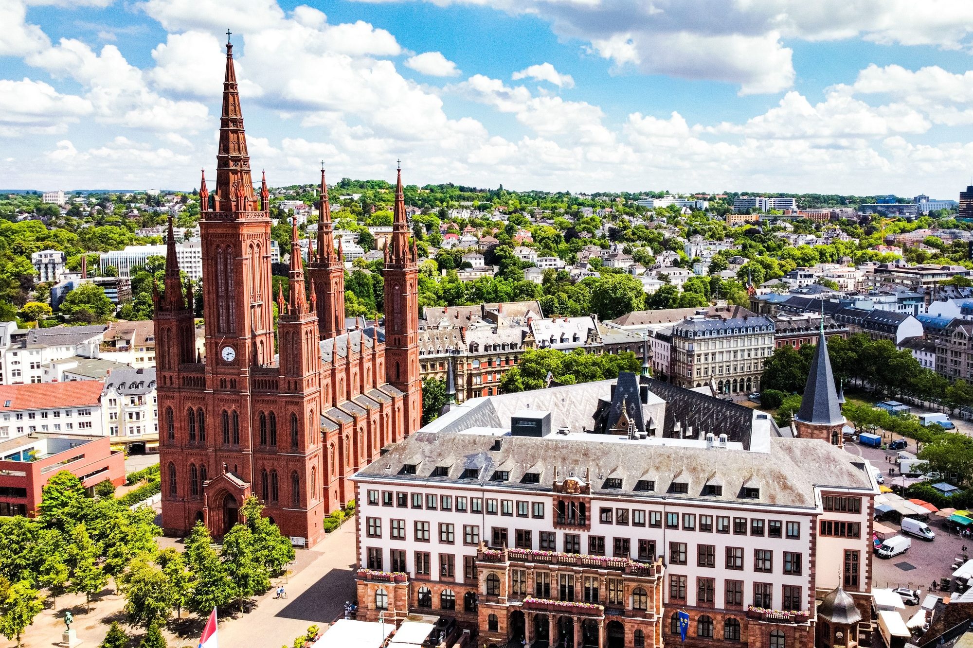 Aerial view of the Market Church in Wiesbaden, Germany