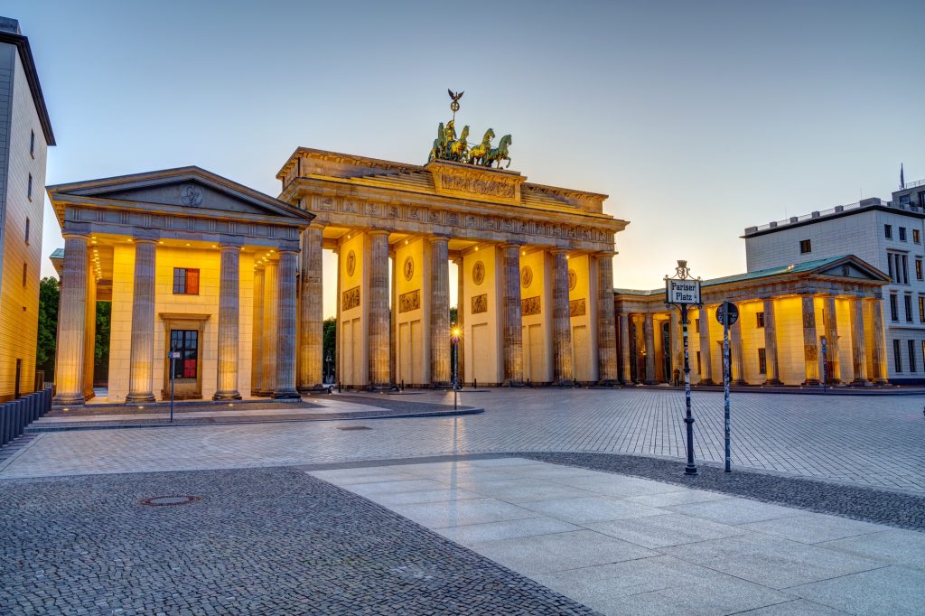 The famous illuminated Brandenburg Gate in Berlin